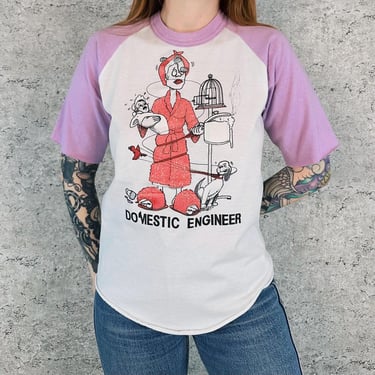 80's Vintage Funny Domestic Engineer Raglan Tee Shirt T-Shirt 