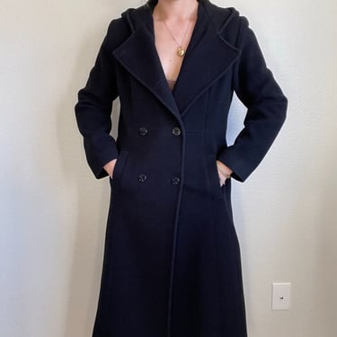 Vintage Womens 90s 100% Wool Black Hooded Long Minimalist Warm Trench Coat Sz 4 