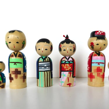 Vintage Japanese Bobble Head Nesting Wooden Kokeshi Dolls, Hand Painted Small Japanese Folk Art Figurines 