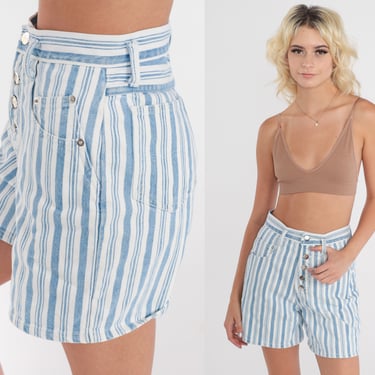 Striped Denim Shorts 80s Exposed Button Fly Jean Shorts Blue White High Waisted Retro Basic Railroad Stripe Vintage 1980s Extra Small xs 