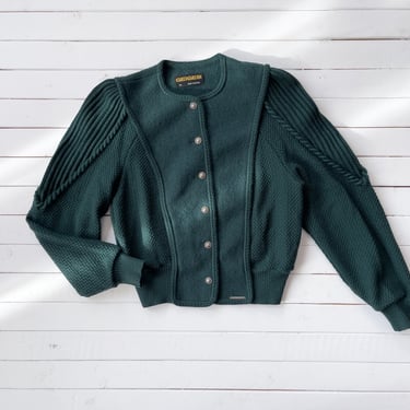 green wool sweater | 80s 90s vintage Geiger traditional German Austrian folk dirndl cottagecore puff sleeve cropped cardigan 