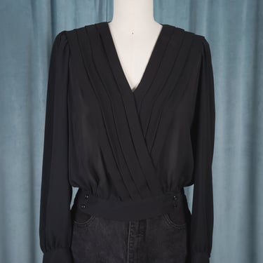 Vintage 1980s I. Magnin Sheer Black Pintuck Wrap Blouse with Gathered Waist 