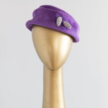 Adorable 1960's Violet Fur Felt Cocktail Hat With Rhinestones