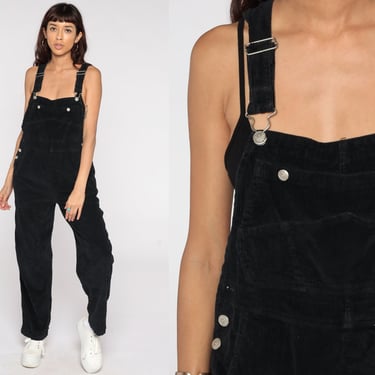 Black Corduroy Overalls Women 1990s Suspender Pants Baggy Bib Cargo Vintage 90s Dungarees Coveralls Streetwear Small 