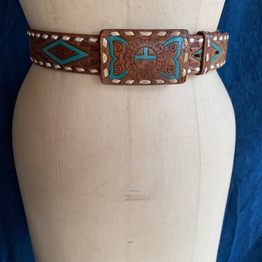 30.5-35" Waist Belt / Turquoise Phoenix / Vintage Leather Belt / Statement Belt / Tooled Leather Belt / Novelty belt / Cowboy Belt / 