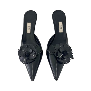 Prada Black Leather Flower Kitten Heels