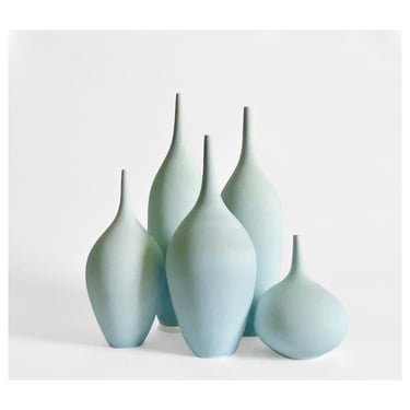 Set of 5 Medium Ceramic Stoneware Bottle Vases Glazed in Ice Blue Matte by Sara Paloma Pottery . minimalist color pop decor for living room 