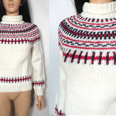Vintage 70s Red White And Blue Hand Knit Ski Sweater Size S/M 