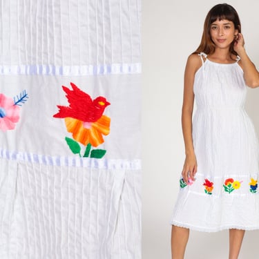 White Floral Sundress 80s Mexican Embroidered Midi Dress Sleeveless Flower Bird High Waisted Knee Length Boho Cotton Vintage 1980s Small S 