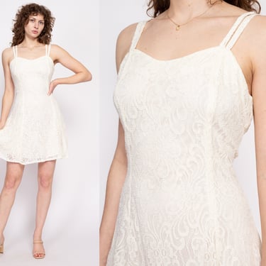 90s Ivory White Lace Mini Dress - Medium to Large | Vintage All That Jazz Strappy Skater Dress 
