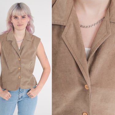 Faux Suede Tank Top 90s Taupe Button Up Tank Top 1990s Vintage Collared Plain Basic Top Sleeveless Shirt Fake Suede Medium 