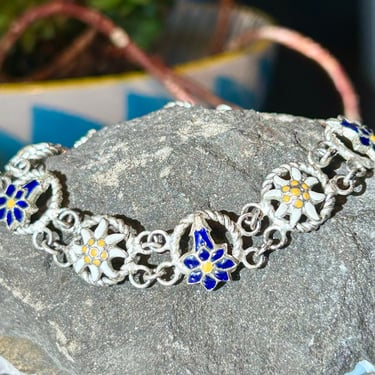 Vintage Flower Bracelet Enamel Blue White Yellow Retro Jewelry Gift 