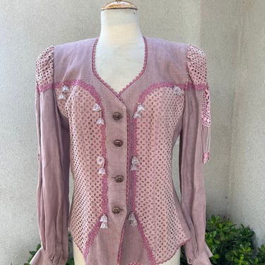 Vintage glam blazer jacket dusty rose linen faux suede floral beads Sz Medium by La Foret 