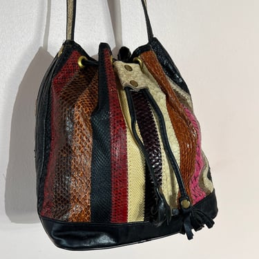 Vtg 70s 80s multicolor snakeskin drawstring bucket bag shoulder bag 