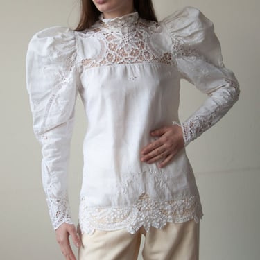 6622t / white cotton lace mutton sleeve blouse / s 