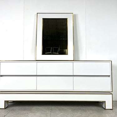 White lacquered credenza by Alain Delon with mirror, 1970s - hollywood regency cabinet - vintage cabinet - vintage sideboard 