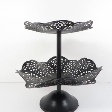 Vintage Black Metal Two Tiered Display Stand - Lacy Black Metal Candy Trinket Display Stand 