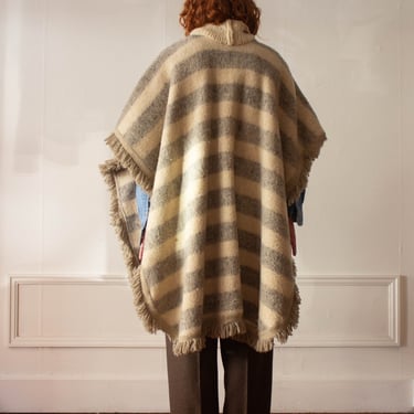 1970s Striped Blanket Wool Poncho With Crocheted Collar 