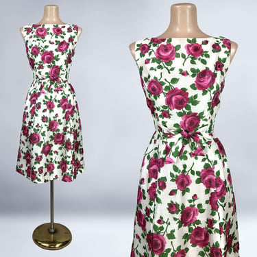 VINTAGE 60s Ravishing Rose Print Silk Dress by Hayette New York | 1960s Fit n Flare Party Dress | Marilyn Style | VFG 