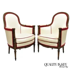 Vintage French Louis XVI Style Walnut Bergere Club Lounge Chairs - a Pair