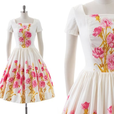 Vintage 1950s Dress | 50s Pink Carnations Floral Border Print White Cotton Fit and Flare Full Skirt Day Dress (medium) 