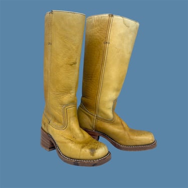 Vintage Frye Boots Retro 1990s Womens + Size 5.5 + Genuine Leather + Campus + Saddle + Banana + 14L + Tall + Pull On + Western + Cowboy 