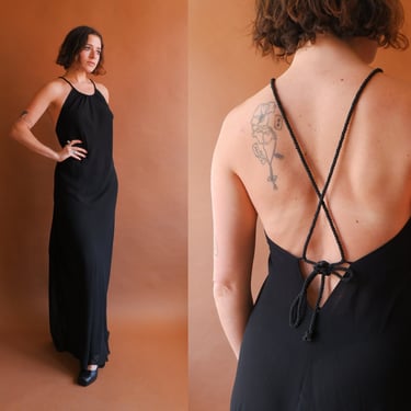 Vintage Black Backless Halter Dress/ Y2k Rope Tie Open Back Gown/ Size Small 