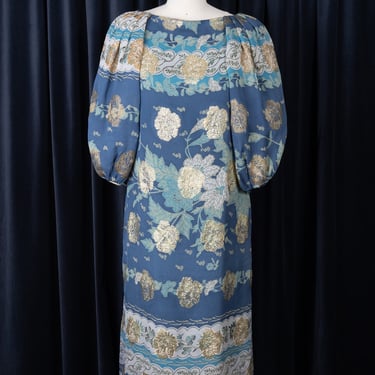 Vintage 1970's Metallic Floral Print Dress with Gathered Shoulders and Balloon Sleeves 