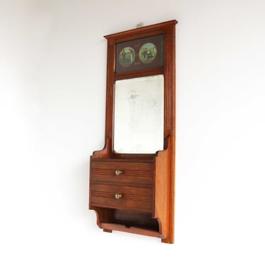 Prays and Works Vintage Antique Hanging Cabinet Beveled Worn Mirror Hall Unit Toilet Cabinet Bedroom Wall Mirror Two Drawers Comb Tray 1930s 