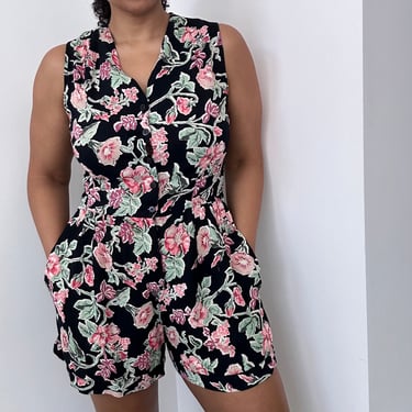 90s Rose Print Floral Romper | Large 