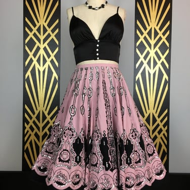 vintage circle skirt, 1950s style skirt, pink and black, mexican print, sequin skirt, size medium, full skirt, 90s does 50s, rockabilly, 29 