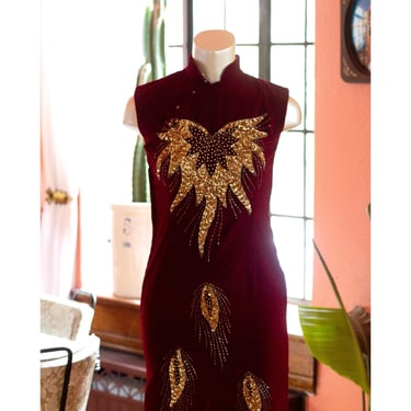 Vintage Velvet Cheongsam Dress - 1960s - Sequin, Beaded - Peacock Feather - Red, Gold 