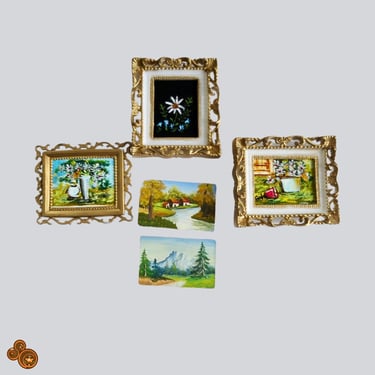 Mini Framed Paintings Set of 5, 1:12 Dollhouse Wall Paintings, Miniature Hand Painted Framed Art 