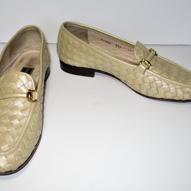 Vintage 1980s Cole Haan Loafers, Flats, Shoes, Casual Slip Ons, Size 9.5B Women, Matte Gold Basketweave Leather 