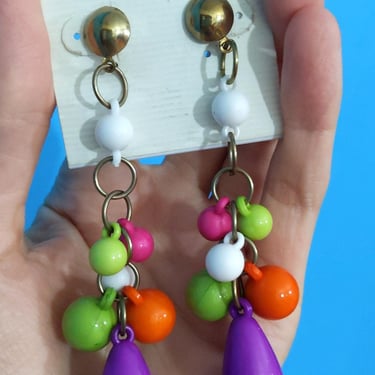 Cute Pop DEADSTOCK Long Vintage 80s 90s Colorful Beaded Drop Earrings 