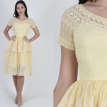 50s Yellow Embroidered Eyelet Maxi Dress, Plain Cut Out Floral Lace, Elegant Tiered Cupcake Bridal Gown 