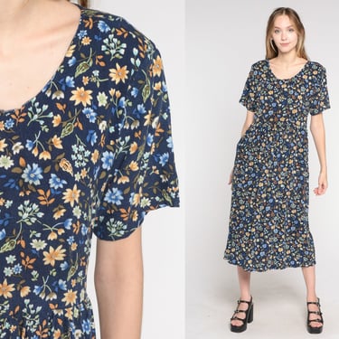 Blue Floral Dress 90s Midi Dress Grunge Boho Retro Day Dress Short Sleeve High Waisted Casual Pocket Dress Hippie Vintage 1990s Medium Large 