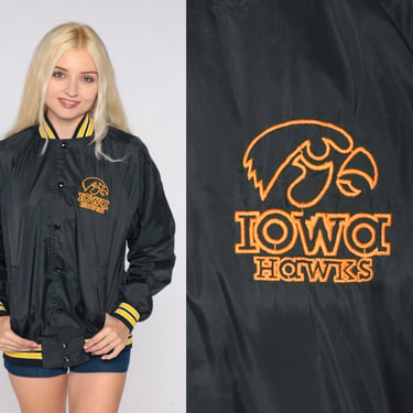 Iowa Hawkeyes Jacket 90s University of Iowa Jacket College Football NCAA Snap Up Windbreaker Streetwear Coat Black Vintage 1990s Small S 