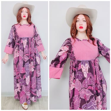 1970s Vintage Purple and Pink Leaf Print Maxi Dress / 70s / Hawaiian Flared Sleeve Tie Waist Gown / Size XL - XXL 