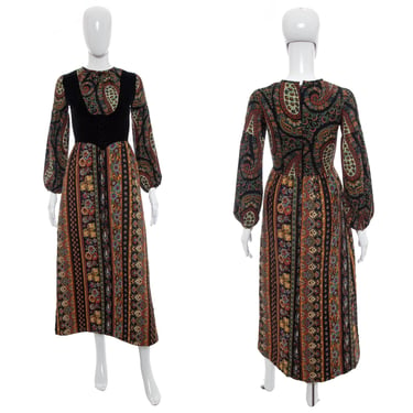 1970's Gay Gibson Black Paisley Printed Hippie Dress Size