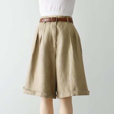 vintage long linen shorts, 90s beige wide leg shorts 