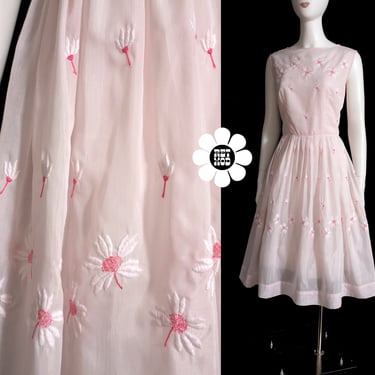 Ethereal Vintage 50s 60s Light Pink Floral Embroidery Fit & Flare Cotton Dress 