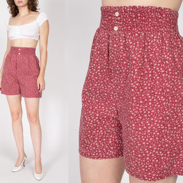 Sm-Med 90s Red Calico Floral Summer Shorts | Vintage High Waisted Wide Leg Cotton Shorts 