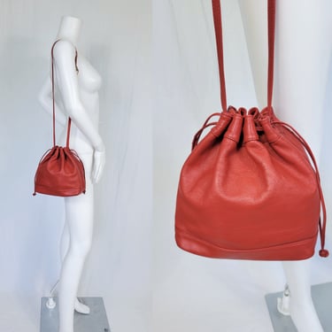 Round 1980's Red Leather Drawstring Shoulder Bag I Purse I Mr Ernest 