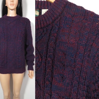 Vintage 80s/90s Purple And Burgundy Marbled Cable Knit Unisex Sweater Size L 