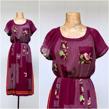 Vintage 1970s Sweet Birds and Floral Print Dress, Maroon Chiffon w/Raglan Sleeves, Small 34
