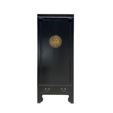Chinese Black Lacquer Moon Face Slim Narrow Tall Storage Cabinet cs7328E 