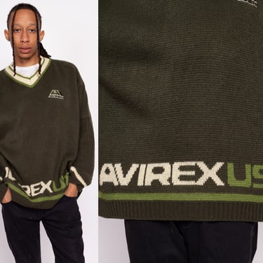 90s Avirex Army Green Varsity Sweater - Men's 2X | Vintage Oversize Olive Striped Trim V Neck Tennis Pullover 