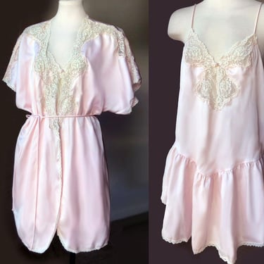 Set VICTORIA'S SECRET Pink Lace Nightie Nightgown Robe Peignoir Lingerie Vintage 1980's Matching Dress Set Gold label 1990's 