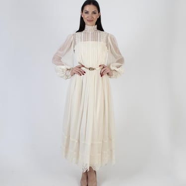 Romantic Chiffon Wedding Dress, Lace Sheer Sleeves, Victorian 70s Long Bridal Gown 